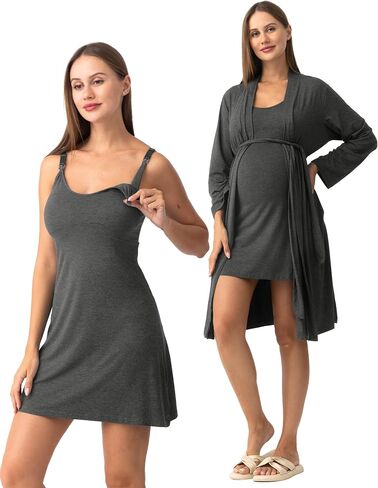 SUNNYBUY Women's Nursing Nightgown Maternity Robe Set, 3 in 1 Labor Delivery Breastfeeding Dress Postpartum Sleepwear in Kuwait