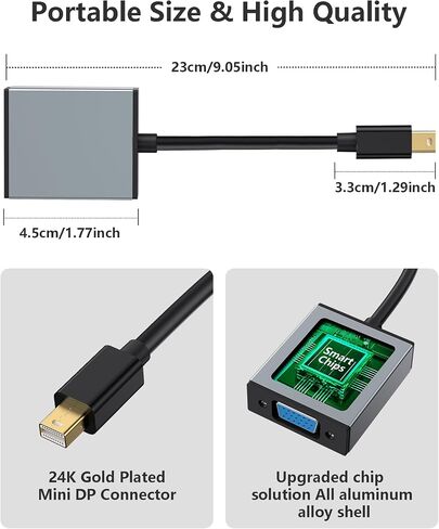 محول DisplayPort إلى VGA، منفذ عرض إلى محول VGA ذكر إلى أنثى ألومنيوم HD 1080P، سلك مطلي بالذهب للكمبيوتر والشاشة والتلفزيون وجهاز العرض المتوافق مع Lenovo وDell وHP وASUS in Kuwait