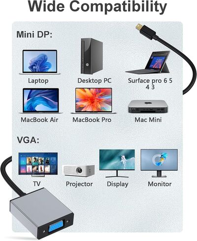 محول DisplayPort إلى VGA، منفذ عرض إلى محول VGA ذكر إلى أنثى ألومنيوم HD 1080P، سلك مطلي بالذهب للكمبيوتر والشاشة والتلفزيون وجهاز العرض المتوافق مع Lenovo وDell وHP وASUS in Kuwait