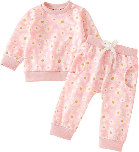 Baby Girl Fall Winter Outfits Toddler Clothes Long Sleeve Floral Graphic Crewneck Sweatshirt + Joggers Pants Set in Saudi Arabia