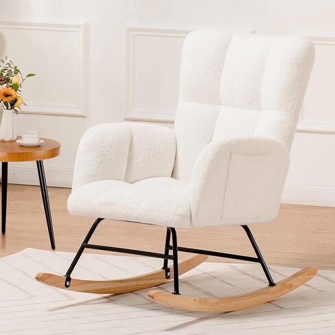 COMHOMA Nursery Rocking Chair, Teddy Upholstered Glider Rocking Chair with Side Pockets, Accent Chair with High Backrest Reading Chair for Adult, Nursery, Bedroom, Living Room,Offices (Beige) in Saudi Arabia