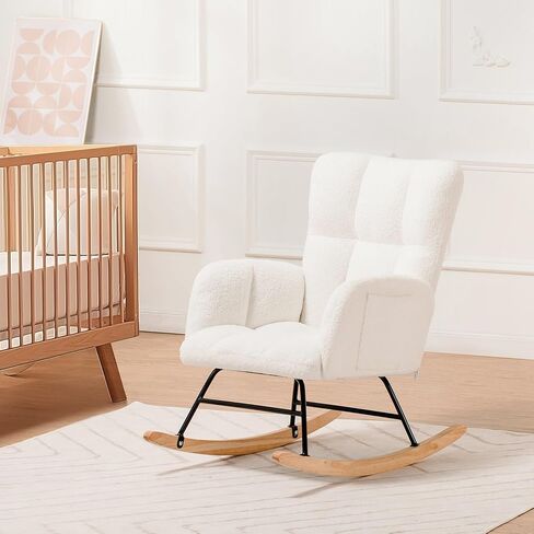 COMHOMA Nursery Rocking Chair, Teddy Upholstered Glider Rocking Chair with Side Pockets, Accent Chair with High Backrest Reading Chair for Adult, Nursery, Bedroom, Living Room,Offices (Beige) in Saudi Arabia