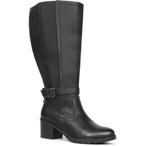 Womens Extra Wide Calf Stretch Panel Side Zipper Knee High Boots with Block Heel