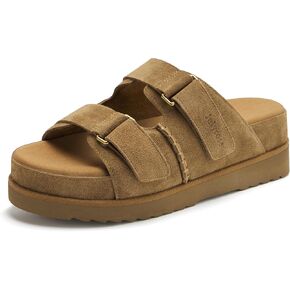 Women's Suede Leather Platform Sandals Adjustable Double Straps EVA Outsole Slip on Slide Sandals Open Toe Softness Fashionable