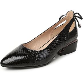 Women’s Genuine Leather Print Low Chunky Heel Dress Pumps Sexy Elegant Breathable Wear-Resistant Pointed Toe Shallow Mouth Slip-on Low Block Heel Pumps Shoes for Work Wedding Date