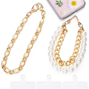 2 Pcs Pearl Beaded Phone Wrist Straps Anti Lost Wrist Lanyard Double Chain Cell Phone Charm with 3 Tether Tab Beaded Wristlet Bracelet for Women Men Phone Wallet Keychain Camera