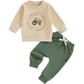 Kaipiclos Baby Boy 2 Pcs Fall Winter Outfits Letter Tractor Long Sleeve Pullover Sweatshirt Elastic Waist Pants with Pockets