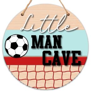 Little Man Cave Sign for Boys, Baby Boy Nursery Decor, Kids Room Football Door Hanger, 10x10 Inch Wooden Round Wall Door Sign-D01