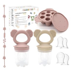 Baby Fruit Feeder & Mini Freezer Tray Combo Breastmilk Popsicle Mold Fresh Food Feeder for Safe Infant Self-Feeding Teething Relief Extra Food Pouches(Green and Beige)