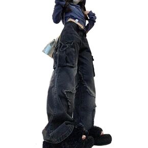 Women's Five Point Star Work Dress Jeans Multi Pocket High Waist Loose Y2K Drop Feel Jeans Gothic Wide Leg Pants
