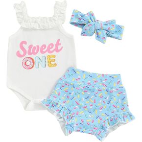 Baby Girl Birthday Outfits Cute Sweet One Frills Sleeveless Romper Candy Shorts Headband 3Pcs Infant Clothes