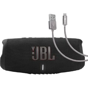 JBL Charge 5 (Black) + Bundle with Case Logic Braided USB Type-C Charge & Sync (6 ft, Gray)