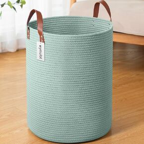 80L Large Rope Basket, Woven Rope Storage Basket with Leather Handles, Dog Toy Storage Basket, Bedroom, Nursery Blanket Storage, Bathroom Laundry Basket, 16“x20" Tall Rope Basket (Pink)