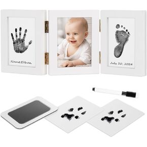 Baby Handprint and Footprint Kit - Inkless Hand and Footprint Maker, Gifts for New Parents, Baby Picture Newborn Keepsake Wooden Frame, New Mom Baby Shower Gifts for Boys & Girls (Black)