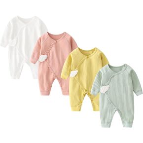 Newborn Baby Romper - Unisex Cotton Bodysuit for Infant Baby Boys Girls 4 Pack Long Sleeve Button Solid Jumpsuits