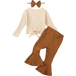 Kucnuzki Baby Girl Clothes Toddler Clothes Long Sleeve Plain Shirts Top Bell Bottoms Flare Pants Infant Girl Fall Outfit