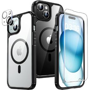 TAURI 5 in 1 Magnetic Case for iPhone 15 Plus [Military Grade Drop Protection] with 2X Screen Protector +2X Camera Lens Protector, Transparent Slim Fit Designed for Mag-Safe Case-Black
