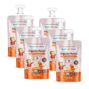 Ready Set Food Organic Puree Pouch – Organic Baby Food Squeeze Pouch with Top 3 Allergens for Baby Allergen Introduction, Includes Organic Peanuts, Egg, and Milk (Banana Blueberry, 6 count)