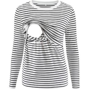 Ecavus Women’s Ribbed Maternity Nursing Tops Long Sleeve Double Layer Pregnancy Breastfeeding Tee Shirts