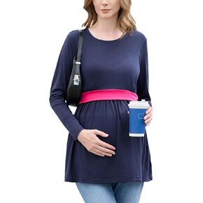 Ecavus Women’s Maternity Nursing Tops Long Sleeve Pleated Waist Blouses Color Block Pregnancy Breastfeeding Tee Shirts
