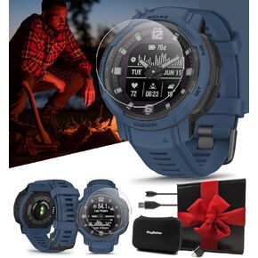 Garmin Instinct Crossover Solar (Tidal Blue) Hybrid Rugged Smart Watch with Analog Hands & Digital Display | Gift Box with Screen Protectors, Wall Adapter & Hard Case | Smartphone Compatible