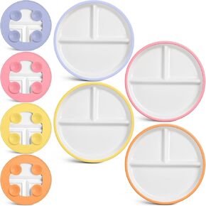 Domensi Porcelain Plates with Anti-slip Silicone Sleeve, White Porcelain Plates, Divided Plates with Suction for Toddlers Kids, Microwave Dishwasher Friendly(Purple, Pink,2 Pcs)