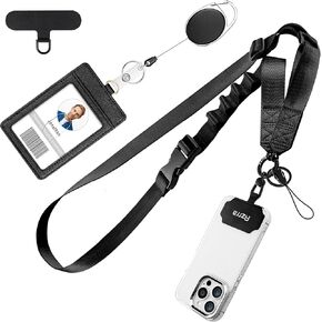 Azrra Adjustable Crossbody Cell Phone Lanyard for iPhone with Phone Tethers & Retractable ID Badge Card Holder (Bling Black)