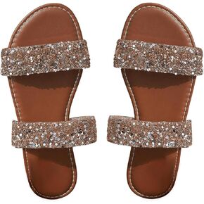 GORGLITTER Women's Sparkly Glitter Flats Sandal Sequin Two Band Open Toe Slip on Slides Wedding Sandals