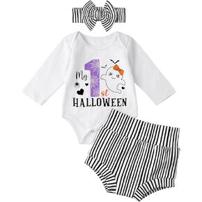 My First Halloween Outfit Baby Girl Letter Print Long Sleeve Romper Top Shorts Headband Halloween Clothes Set
