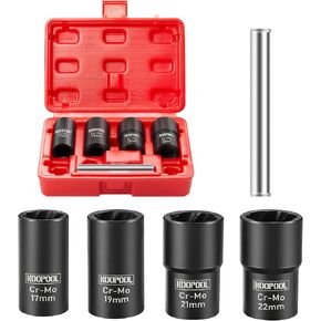 Twist Socket Set 5 Pcs Lug Nut Remover, Bolt Nut Extractor Set, Metric 17-22mm Wheel Lock Removal Kit with Drift Punch Nut Removal Bar