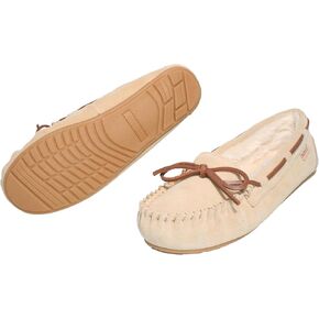 Women's Moccasin Slippers Ladies Genuine Suede Slippers Moccasins Slip On Loafer Shoes Warm Faux Fur Lining Lace-Up Cozy Bow Indoor & Outdoor