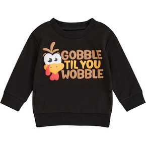 Karuedoo Toddler Baby Boy Girl Thanksgiving Outfit Gobble Til You Wobble Turkey Sweatshirt Crewneck Long Sleeve Pullover Top