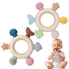 2 Packs Baby Teething Toy for Babies 0-3-6-12,18 Months, BPA Free Silicone & Beech Baby Teething Ring for Teething Relief, Wooden Ring Toy for Newborn Boys, Girls