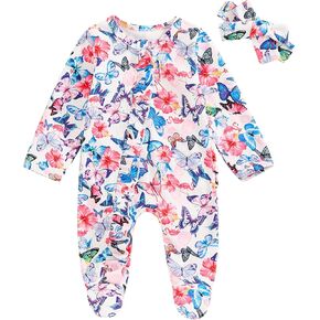 Newborn Baby Girls Ruffled Floral Footies Footed Romper Long Sleeve Daisy Zipper Footed Jumpsuit Overall with Headband