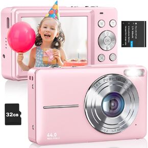 كاميرا رقمية، كاميرا FHD 1080P للأطفال، كاميرات رقمية بدقة 44 ميجابكسل مع بطاقة 32 جيجابايت، تكبير رقمي 16X، مضادة للاهتزاز، كاميرات صغيرة مدمجة للأولاد والبنات والمراهقين، أسود