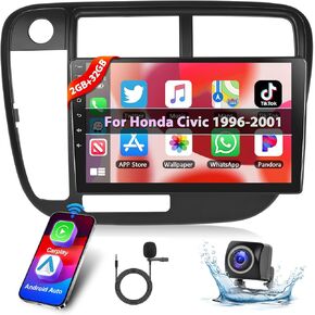 Podofo 2G+32G Car Stereo for Honda Civic 1996 1997 1998 1999 2000 2001 with Wireless Carplay & Android Auto, 9 Inch Touchscreen Car Radio with Bluetooth/GPS/WiFi/SWC/FM&RDS Radio+AHD Backup Camera+MIC