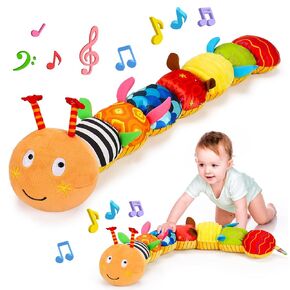 Baby Sensory Toy 0-6 Month Music Animal Stuffed Plush Caterpillar Toy for Infant 0-3-6 Month Tummy Time with Baby Mirror Crinkle Rattle for 6-12 Month Easter Toy for Newborn Boys Girls Birthday Gifts