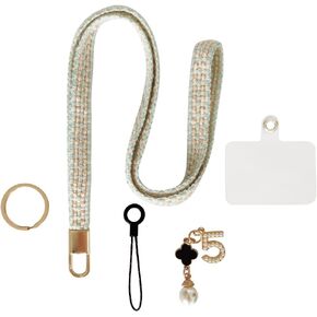 Cell Phone Lanyard,Soft Hand-woven Macrame Lanyard for Id Badges and Keys With golden clasp, golden numbers, and pearls (Sky Blue)