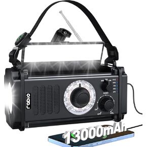 13000mAh Emergency Weather Radio, 5-Way Powered Solar Hand Crank Radio, Battery Operated NOAA AM FM Radio,Flashlight & Reading Lamp,Phone Charger,SOS,Compass for Hurricane Camping Outdoor Survival Kit