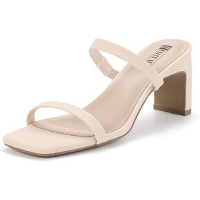 IDIFU IN3 Chunky Heels For Women Low Block Square Open Toe Heels Two Strap Slip On Comfortable Slides Heeled Sandals Sexy Wedding Prom Party Dress Shoes Cute Mule Short Heels