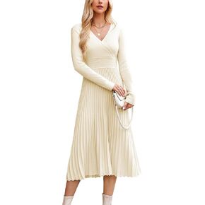 OUGES Womens 2024 Fall Maternity Dress Long Sleeve Wrap V Neck Pleated Midi Dress Casual Sweater Dress Trendy Outfits