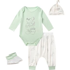 Disney Mickey Mouse Baby Boys 4 Pack Bamboo Viscose Bodysuit with Booties, Hat, and Pants Set for Infant