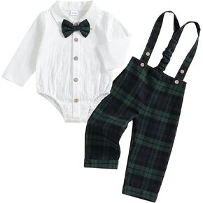 Fall Outfit Newborn Baby Boy Gentleman Long Sleeve Bow Tie Romper Plaid Suspender Pants 2Pcs Christmas Clothes Set