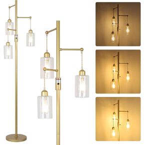 Airposta Industrial Floor Lamp with On/Off Dimmable Switch, 3-Head Rustic Tree Standing Lamp, Edison Bulb 40W Retro Tall Glass Floor Light for Living Room, Reading, Office, Bedroom, Black