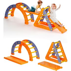 VBABY Pikler Triangle Set 4 in 1, Climbing Toys for Toddlers 1-6, Plastic Montessori Climbing Set, Foldable Baby Climbing Gym, Outdoor & Indoor Kids Climbing Toys, White & Gray