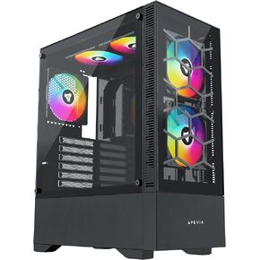 حافظة كمبيوتر ألعاب Apevia Hydra-BK Hydra Mid Tower مع مراوح ARGB 6X 120 مم، 366 وضع إضاءة RGB، لوحة أمامية شبكية لتدفق الهواء عالية الأداء قابلة للتنفس، لوحة جانبية من الزجاج المقسى، 1X USB3.0، 2X USB2.0، أسود