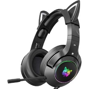 Cat Ear Gaming Cute Headset, Wired Over-Ear Headphones with Noise Cancelling Microphone, Surround Sound, LED Backlight for PS4, PS5, Xbox One(No Adapter), PC, Mobile Phone (Light Pink)
