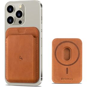 Belemay Strong Magnetic Wallet Compatible with Magsafe, Minimal Card Holder for 1-2 Cards, Premium Crazy Horse Leather Superb Grip Compatible with iPhone 16/15/14/13/12 series and MagSafe cases, Brown