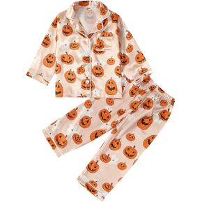 Kayotuas Halloween Pajamas Toddler Girl Pumpkin Ghost Pajama Set Long Sleeve Button Down Shirt Pants Fall 2 Piece Satin Pjs