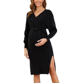 Ecavus Women's Maternity Nursing Dress V-Neck Maternity Dress for Photoshoot Side Slit Pregnancy Sweater Dress with Belt in Kuwait